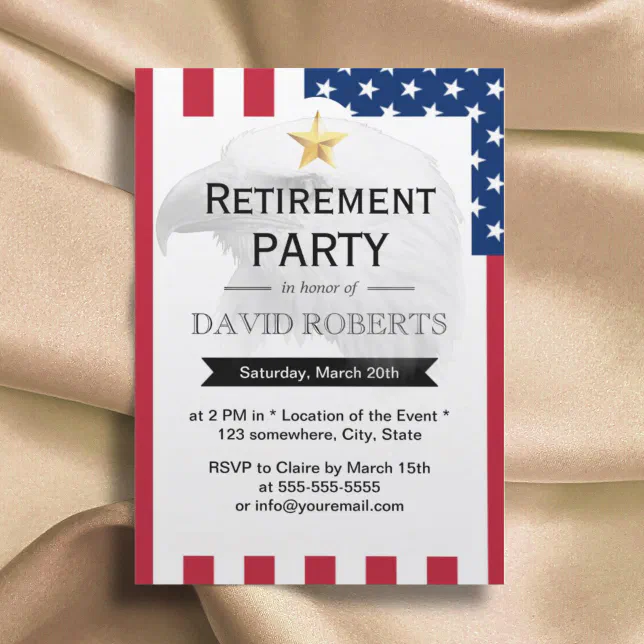 Military Retirement Gold Star Eagle & Us Flag Invitation 