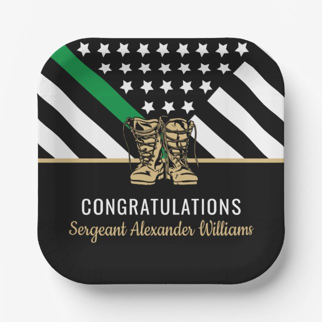 Military Retirement Green Line Flag Army Patriotic Paper Plates (Front)