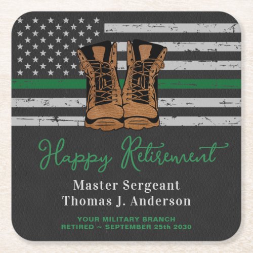Military Retirement Leather Boots Green Line Army  Square Paper Coaster