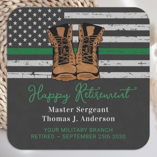 Military Retirement Leather Thin Green Line Army  Square Sticker