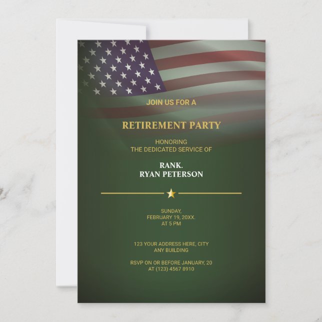 Military Retirement Party – American Flag Green Invitation (Front)