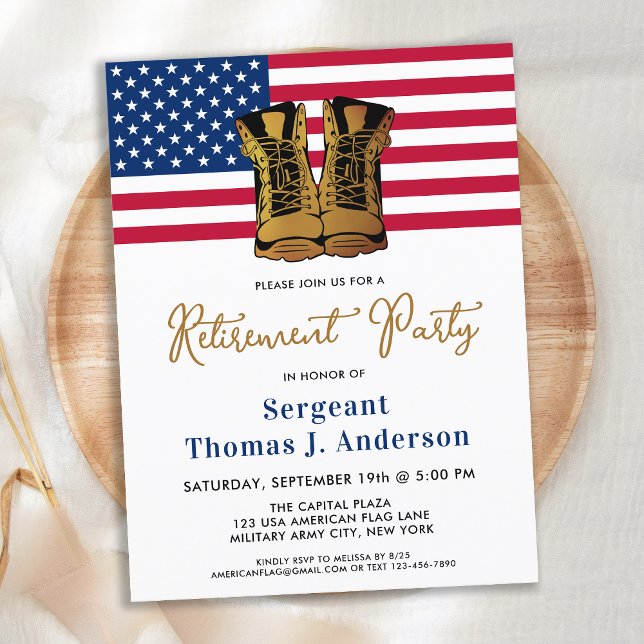 Military Retirement Party Gold Boots American Flag Invitation Postcard (Creator Uploaded)