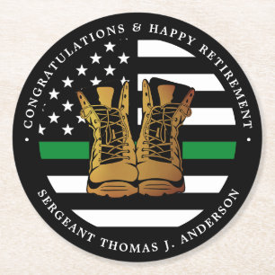 Military Retirement Party Thin Green Line Boots Round Paper Coaster