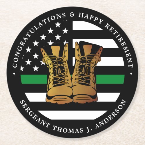 Military Retirement Party Thin Green Line Boots Round Paper Coaster
