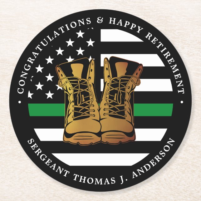 Military Retirement Party Thin Green Line Boots Round Paper Coaster (Front)