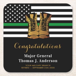 Military Retirement Party Thin Green Line Boots Square Paper Coaster