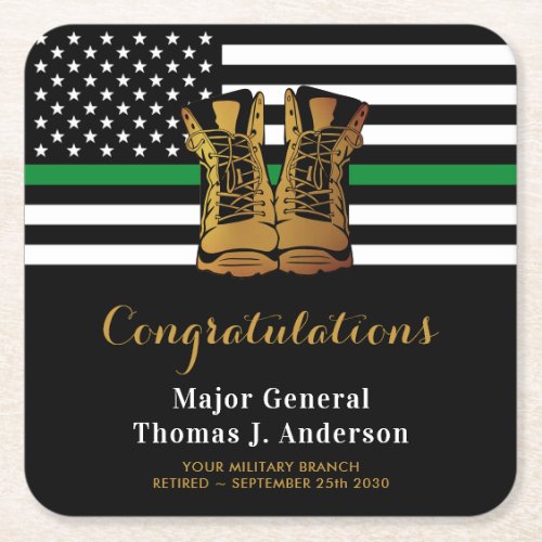 Military Retirement Party Thin Green Line Boots  Square Paper Coaster