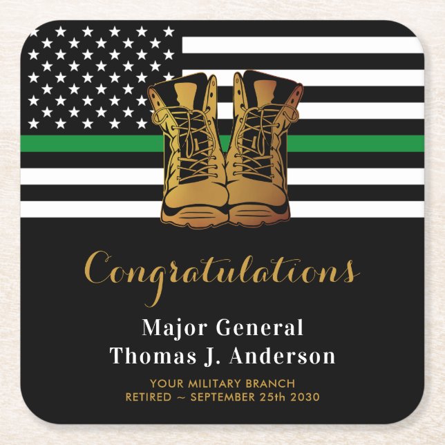 Military Retirement Party Thin Green Line Boots  Square Paper Coaster (Front)