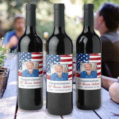 Military Retirement Photo Patriotic American Flag Wine Label