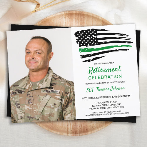 Military Retirement Photo Thin Green Line Flag Inv Invitation