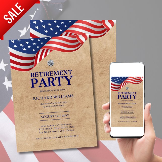 MILITARY RETIREMENT Silver Oak Leaf Rustic US FLAG Invitation (Creator Uploaded)