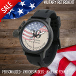 Military Retirement Us Flag Army Navy Airforce Blk Watch<br><div class="desc">"Salute to a Lifetime of Service! 🇺🇸 Honor their dedication and valor with our Zazzle Military Retirement Watch, proudly featuring the iconic US flag. This distinguished timepiece is tailored to cater to both male and female styles, a fitting tribute for our brave military personnel. Crafted with precision and passion, our...</div>