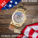 Military Retirement Us Flag Army Navy Airforce Gld Watch<br><div class="desc">"Salute to a Lifetime of Service! 🇺🇸 Honor their dedication and valor with our Zazzle Military Retirement Watch, proudly featuring the iconic US flag. This distinguished timepiece is tailored to cater to both male and female styles, a fitting tribute for our brave military personnel. Crafted with precision and passion, our...</div>