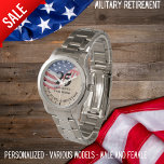 Military Retirement Us Flag Army Navy Airforce Slv Watch<br><div class="desc">"Salute to a Lifetime of Service! 🇺🇸 Honor their dedication and valor with our Zazzle Military Retirement Watch, proudly featuring the iconic US flag. This distinguished timepiece is tailored to cater to both male and female styles, a fitting tribute for our brave military personnel. Crafted with precision and passion, our...</div>