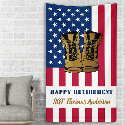 Military Retirement USA American Flag Gold Boots Banner