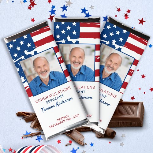 Military Retirement USA Flag Photo Personalized Hershey Bar Favors
