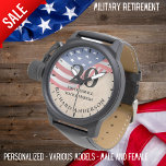 Military Retirement Watch Us Flag Custom Text<br><div class="desc">"Salute to a Lifetime of Service! 🇺🇸 Honor their dedication and valor with our Zazzle Military Retirement Watch, proudly featuring the iconic US flag. This distinguished timepiece is tailored to cater to both male and female styles, a fitting tribute for our brave military personnel. Crafted with precision and passion, our...</div>