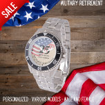 Military Retirement Watch Us Flag Personalized<br><div class="desc">"Salute to a Lifetime of Service! 🇺🇸 Honor their dedication and valor with our Zazzle Military Retirement Watch, proudly featuring the iconic US flag. This distinguished timepiece is tailored to cater to both male and female styles, a fitting tribute for our brave military personnel. Crafted with precision and passion, our...</div>