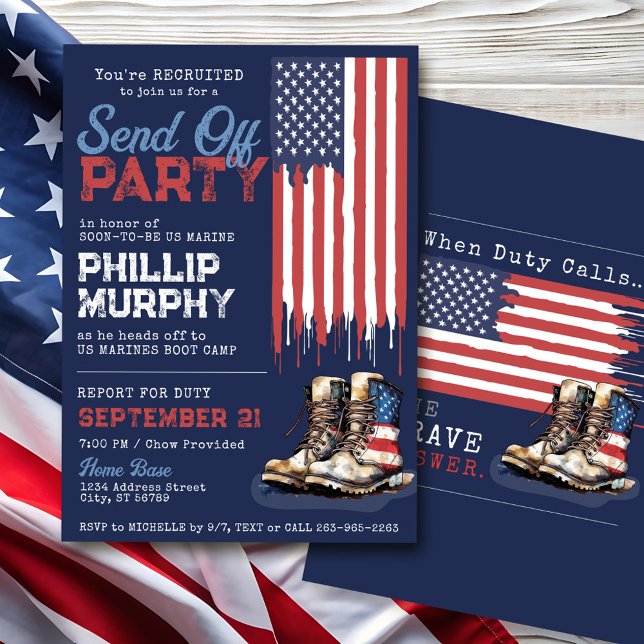 Military Send Off US Flag Boots Party Going Away Invitation (Navy blue USA drip flag boot camp US military Marines Air Force Army going away party invitation)