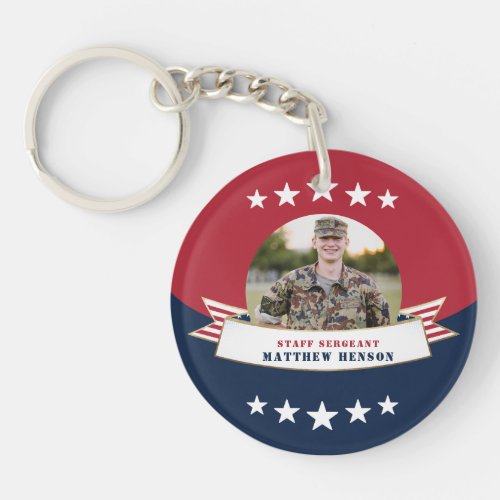 Military Service Photo Red White Blue Keychain