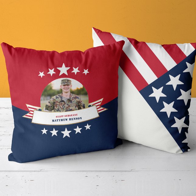 Military Service Photo Red White Blue Throw Pillow (Creator Uploaded)