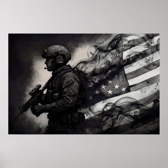 Military Smoke Ink American Flag Black & White Art Poster (Front)