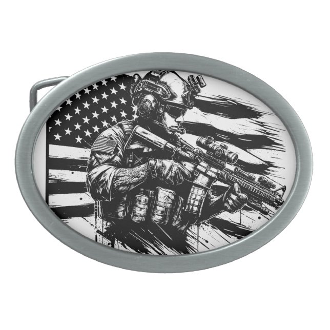 Military Soldier American USA Flag Patriotic Art  Belt Buckle (Front)