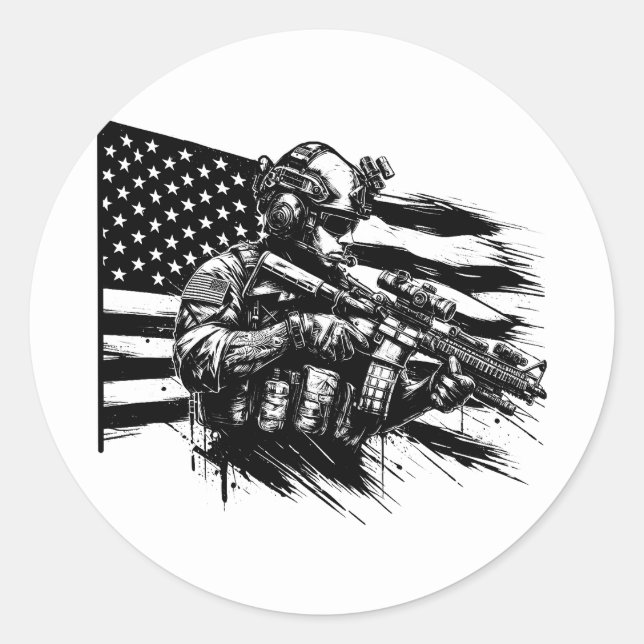Military Soldier American USA Flag Patriotic Art  Classic Round Sticker (Front)