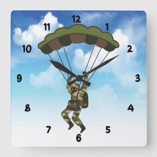 Military Soldier  Paratrooper with Clouds Square Wall Clock