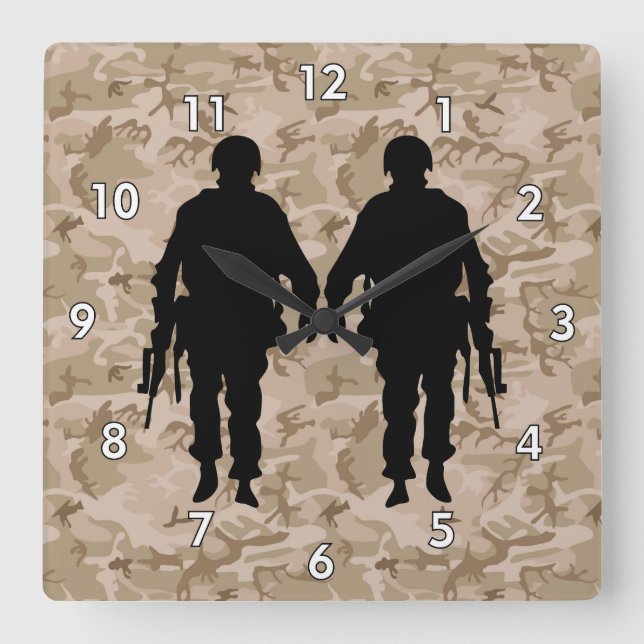 Military Soldier / Warrior Silhouette with Camo Square Wall Clock (Front)
