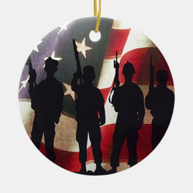 Military Soldiers Silhouette Patriotic Flag Ceramic Ornament (Front)