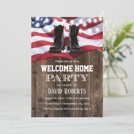 Military Solider Homecoming Party Rustic USA Flag Invitation | Zazzle