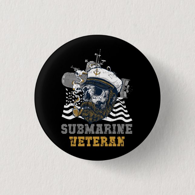Military Submarine Veteran Submariner Skull Captai Button (Front)