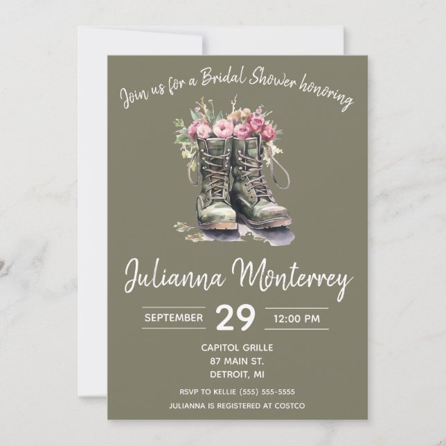 Military Themed Bridal Shower, Boots, Floral, Army Invitation (Front)