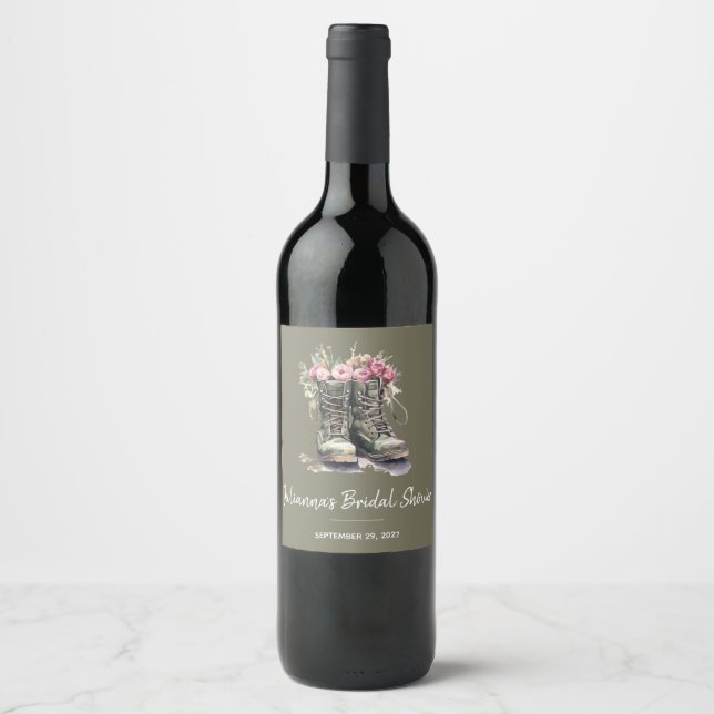 Military Themed Bridal Shower, Boots, Floral, Army Wine Label (Front)