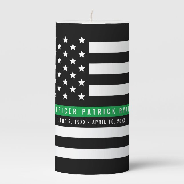 Military Thin Green Line American Flag Custom Name Pillar Candle (Front)