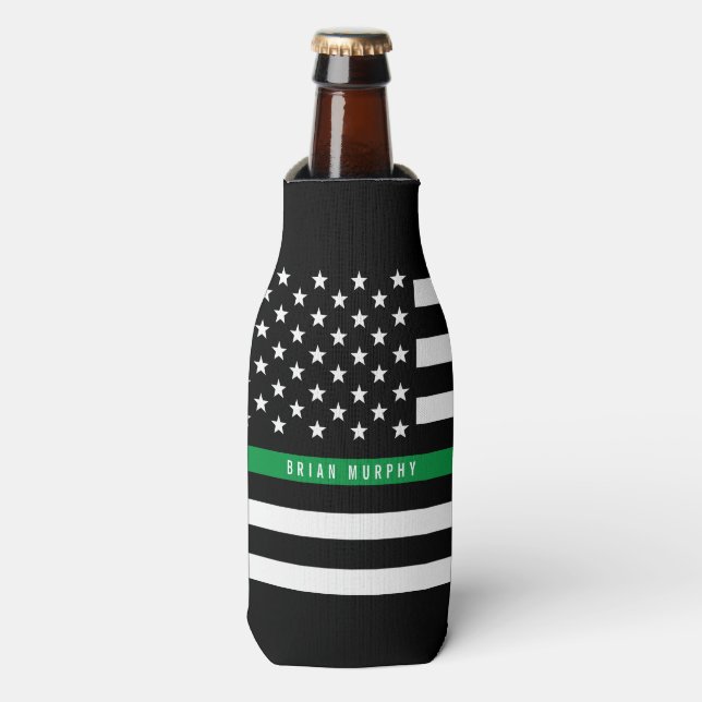 Military Thin Green Line American Flag Monogram Bottle Cooler (Bottle Front)