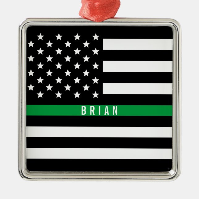 Military Thin Green Line American Flag Monogram Metal Ornament (Front)