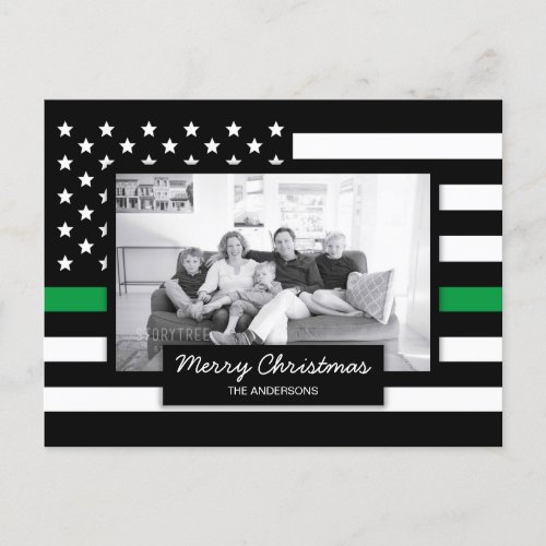 Military Thin Green Line American Flag Photo Holiday Postcard
