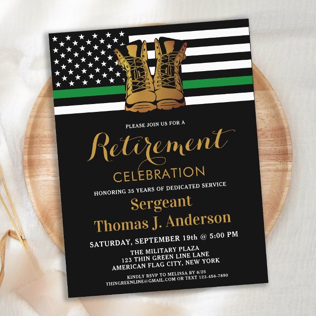 Military Thin Green Line Boots Retirement Party Invitation Postcard (Creator Uploaded)