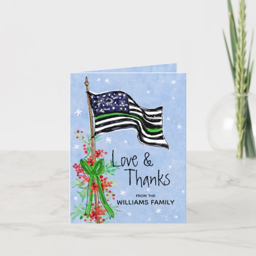 Military Thin Green Line Flag Holly Family Name Thank You Card