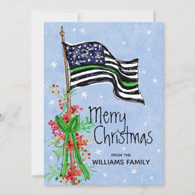 Military Thin Green Line Flag Holly Red Berries Holiday Card (Front)