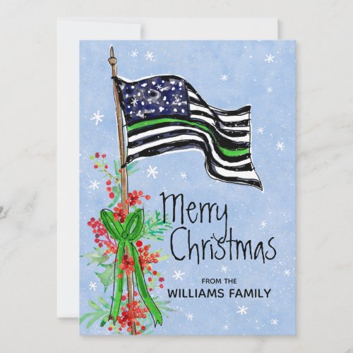 Military Thin Green Line Flag Holly Red Berries Holiday Card