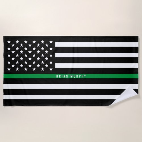 Military Thin Green Line Flag Monogrammed Beach Towel