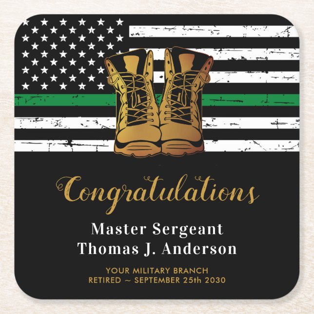 Military Thin Green Line Flag Soldier Retirement Square Paper Coaster (Front)