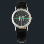 Military Thin Green Line Monogrammed Watch<br><div class="desc">This women's watch features a thin green line design. It has a horizontal green stripe on a black background across the center of the watch and a monogram initial in white for you to personalize. It also has white numbers and lines for seconds and hours. A unique personalized gift for...</div>