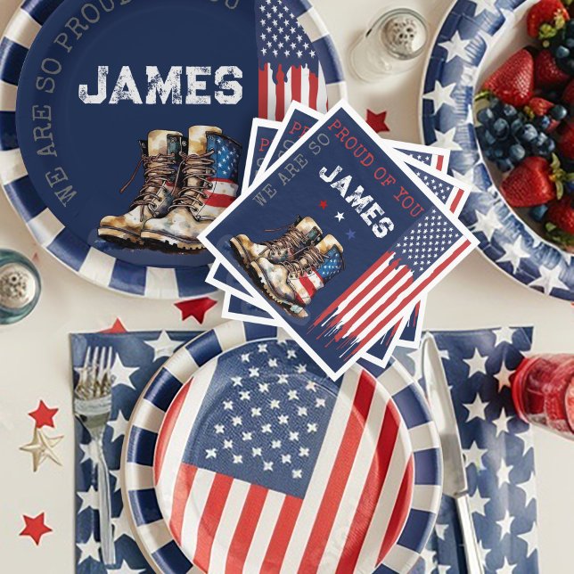 Military US Flag Boots BLUE Going Away Party Napkins (Patriotic Military Party US Flag Combat Boots going away farewell party table decor plates napkins)