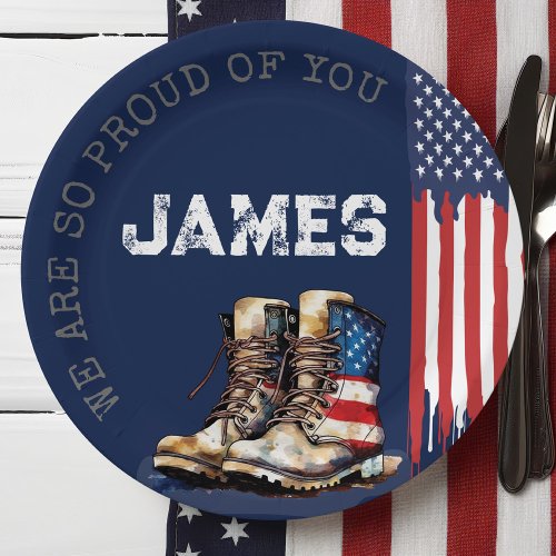 Military US Flag Boots BLUE Going Away Party Paper Plates