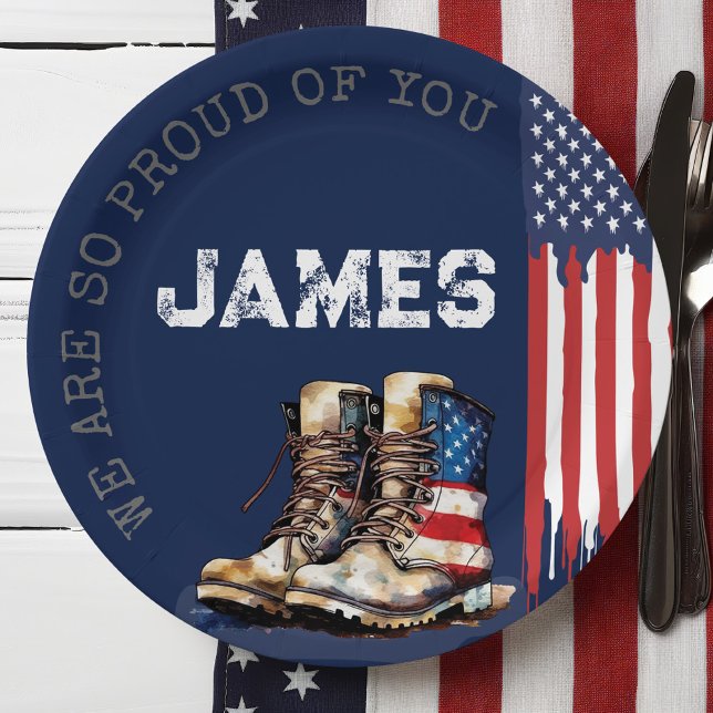 Military US Flag Boots BLUE Going Away Party Paper Plates (Patriotic Military Party US Flag Combat Boots going away farewell party table decor paper plates)