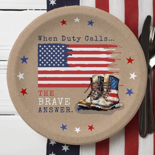 Military US Flag Boots RUSTIC Going Away Party Paper Plates
